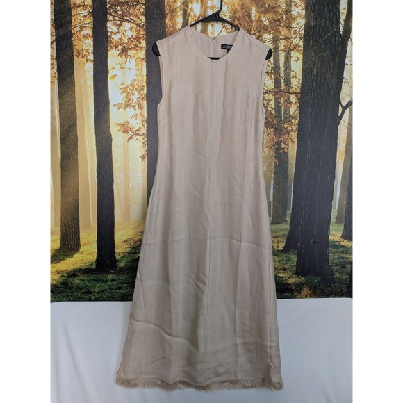 J. Crew Fringe Trim Dress Glossy Twill Cream Gold Womens 2 Midi Sheath Flare - Picture 2 of 16